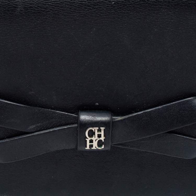 مملوكة مسبقًا CH Carolina Herrera Black Leather Bow Compact Wallet