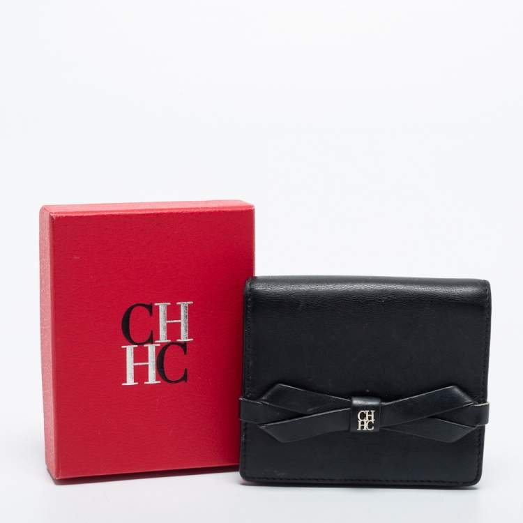 مملوكة مسبقًا CH Carolina Herrera Black Leather Bow Compact Wallet