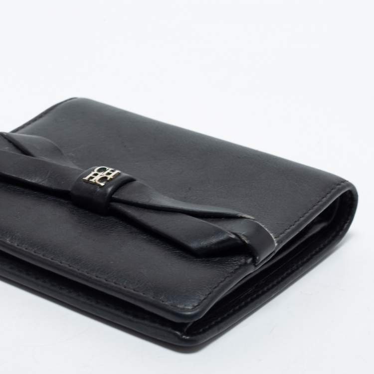 مملوكة مسبقًا CH Carolina Herrera Black Leather Bow Compact Wallet