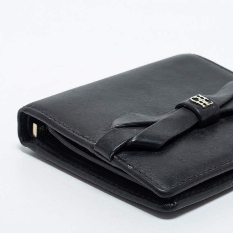 مملوكة مسبقًا CH Carolina Herrera Black Leather Bow Compact Wallet