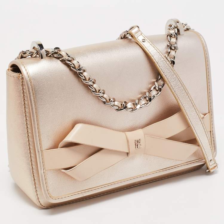 Pre Owned CH Carolina Herrera Pale Gold Leather Bow Flap Shoulder Bag