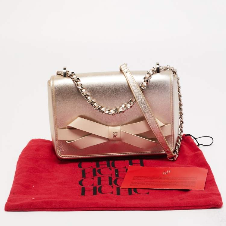 Pre Owned CH Carolina Herrera Pale Gold Leather Bow Flap Shoulder Bag