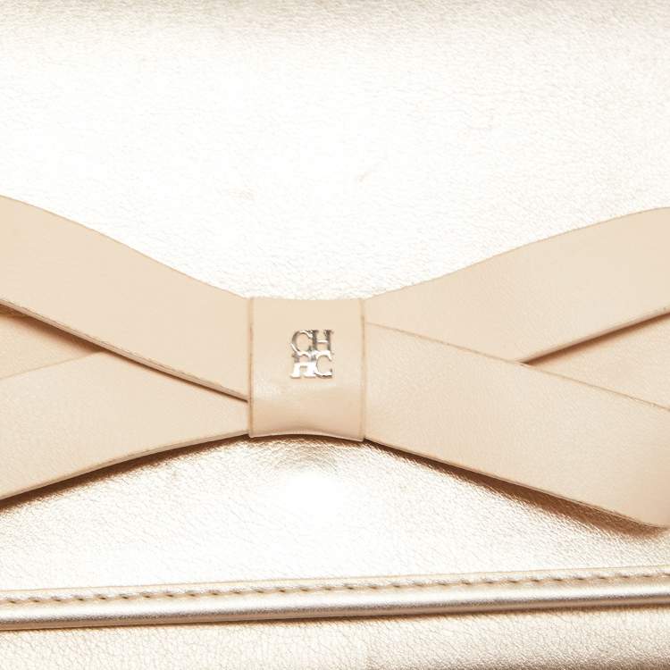 Pre Owned CH Carolina Herrera Pale Gold Leather Bow Flap Shoulder Bag