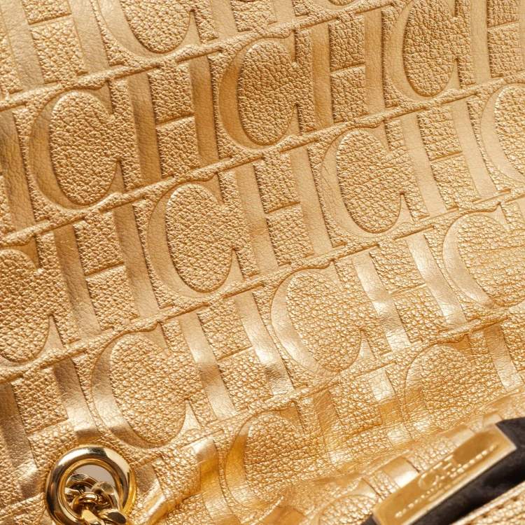 Pre Owned Carolina Herrera Gold Monogram Embossed Leather Bow Flap Shoulder Bag