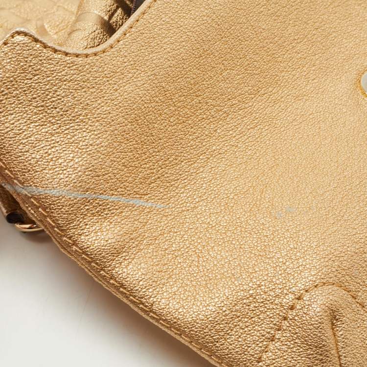 Pre Owned Carolina Herrera Gold Monogram Embossed Leather Bow Flap Shoulder Bag