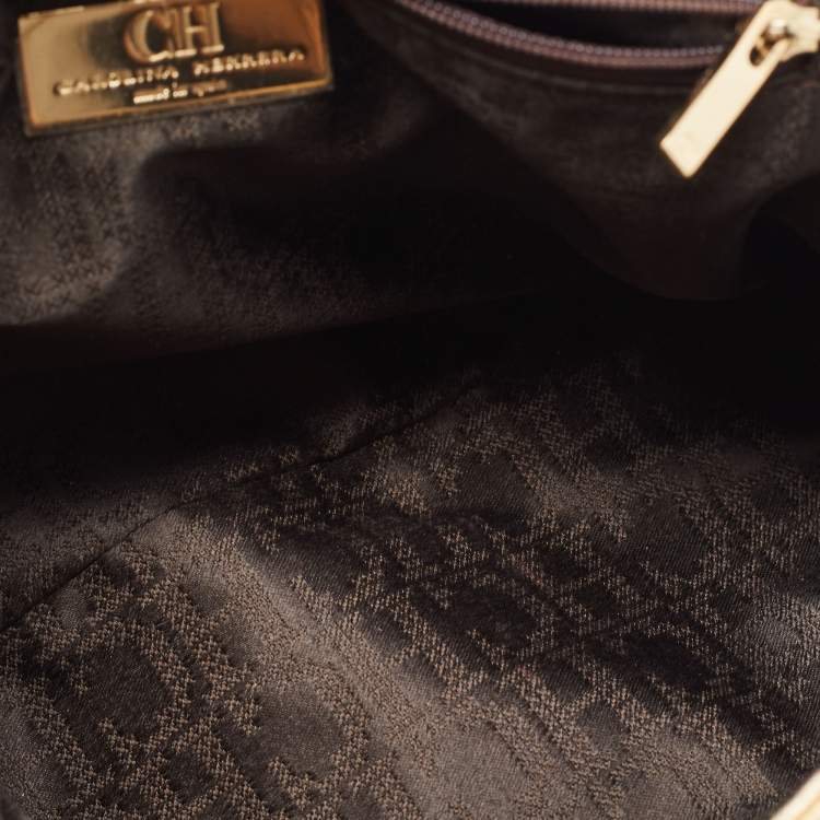 Pre Owned Carolina Herrera Gold Monogram Embossed Leather Bow Flap Shoulder Bag