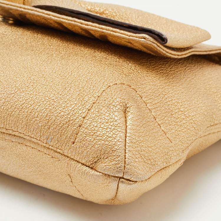 Pre Owned Carolina Herrera Gold Monogram Embossed Leather Bow Flap Shoulder Bag