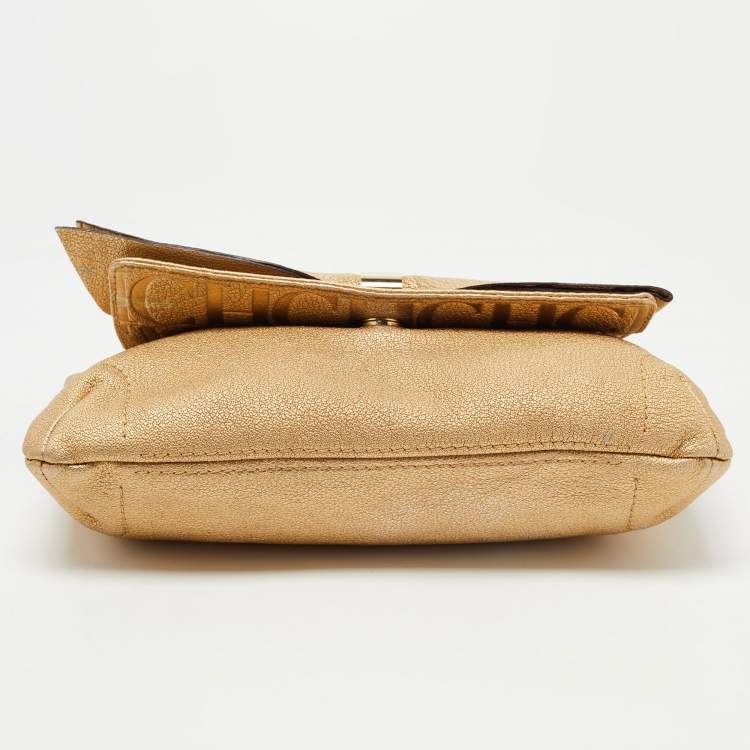 Pre Owned Carolina Herrera Gold Monogram Embossed Leather Bow Flap Shoulder Bag