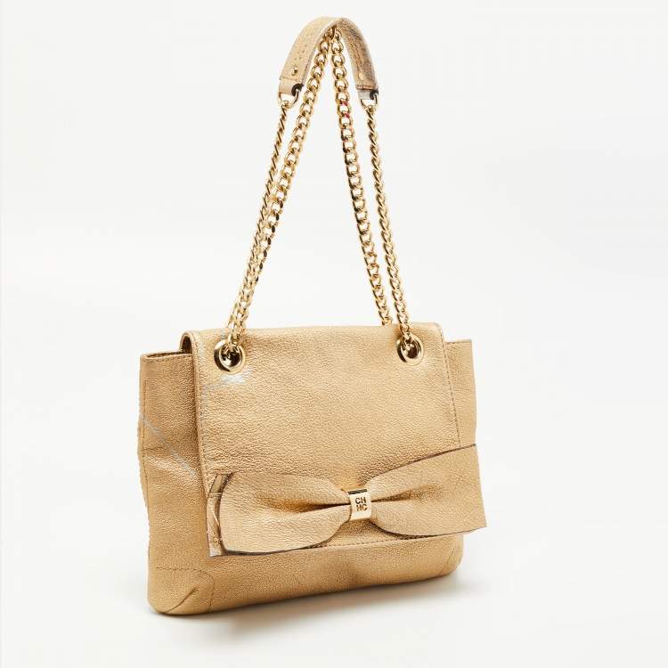 Pre Owned Carolina Herrera Gold Monogram Embossed Leather Bow Flap Shoulder Bag