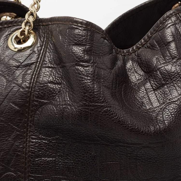 Pre Owned Carolina Herrera Dark Brown Monogram Embossed Leather Poppy Chain Hobo