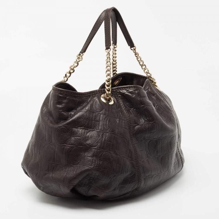 Pre Owned Carolina Herrera Dark Brown Monogram Embossed Leather Poppy Chain Hobo