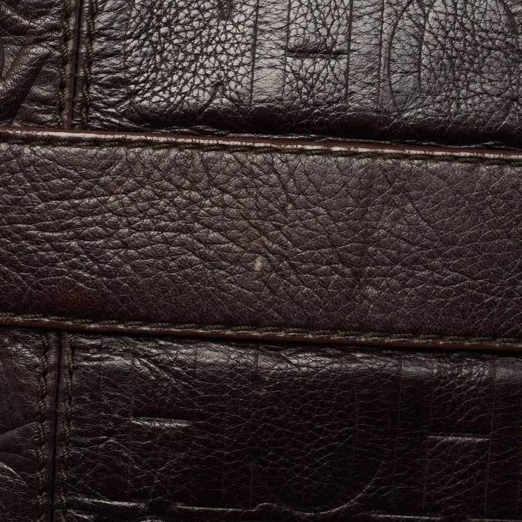 Pre Owned Carolina Herrera Dark Brown Monogram Embossed Leather Poppy Chain Hobo