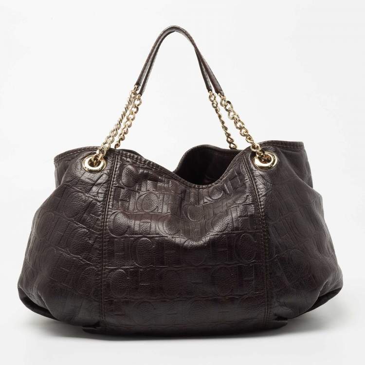 Pre Owned Carolina Herrera Dark Brown Monogram Embossed Leather Poppy Chain Hobo