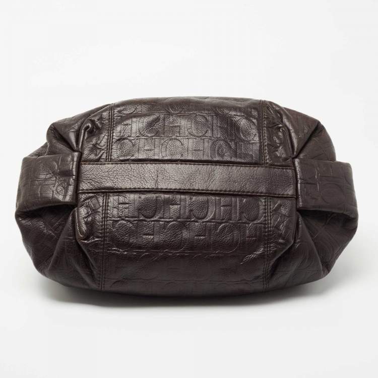 Pre Owned Carolina Herrera Dark Brown Monogram Embossed Leather Poppy Chain Hobo