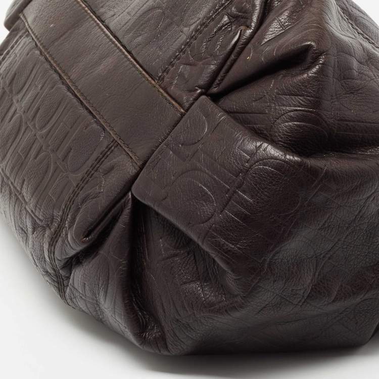 Pre Owned Carolina Herrera Dark Brown Monogram Embossed Leather Poppy Chain Hobo