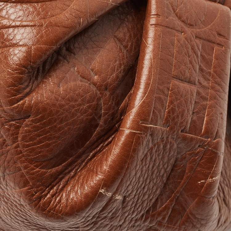 Pre Owned Carolina Herrera Brown Signature Embossed Leather Chain Hobo