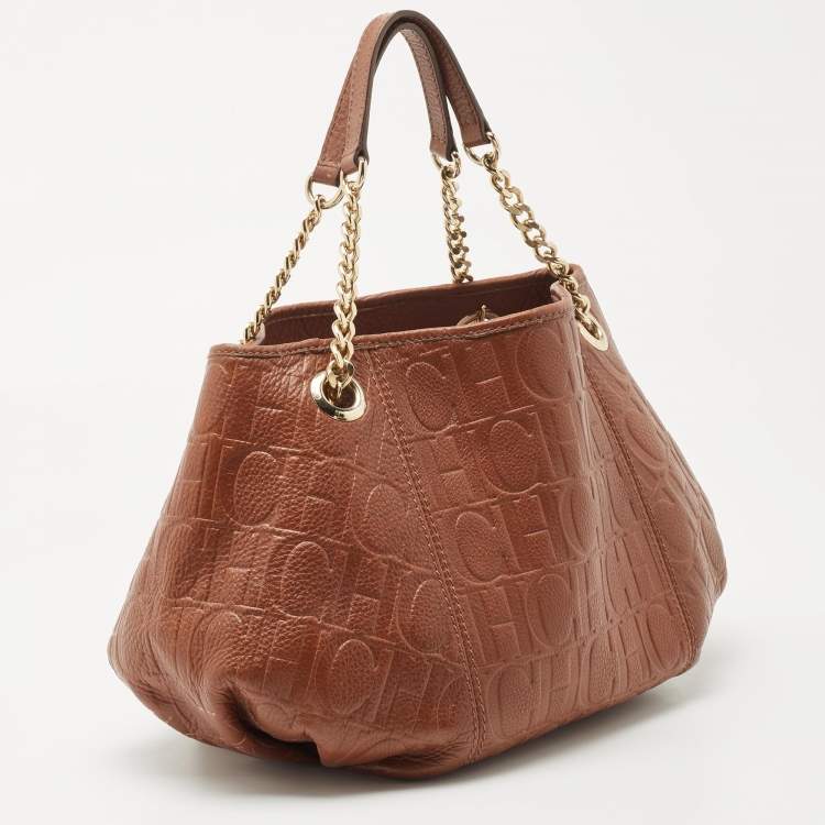Pre Owned Carolina Herrera Brown Signature Embossed Leather Chain Hobo