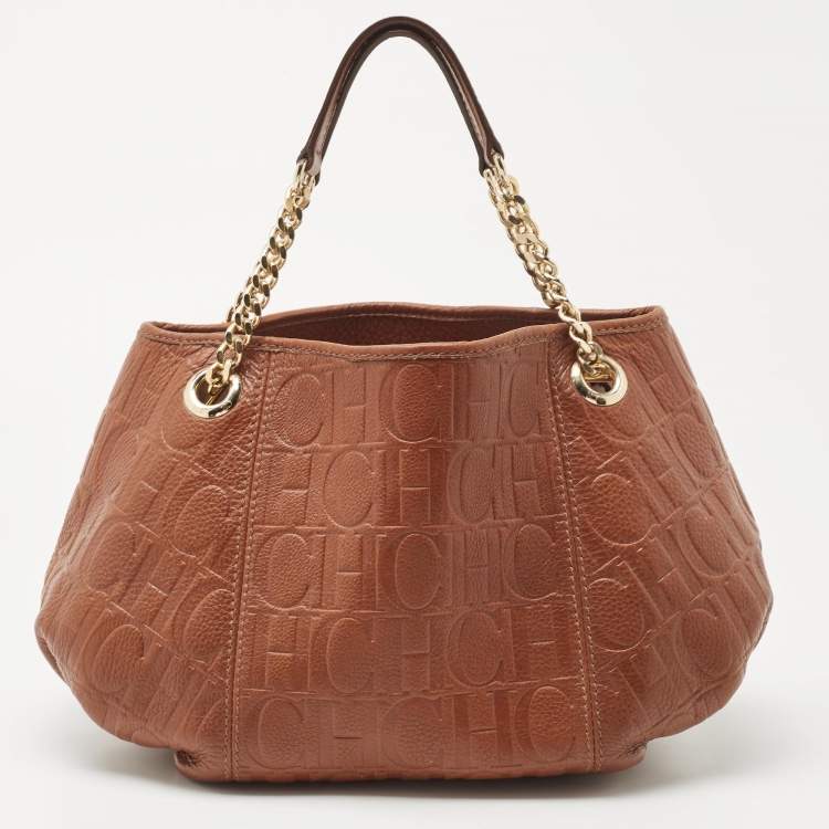 Pre Owned Carolina Herrera Brown Signature Embossed Leather Chain Hobo