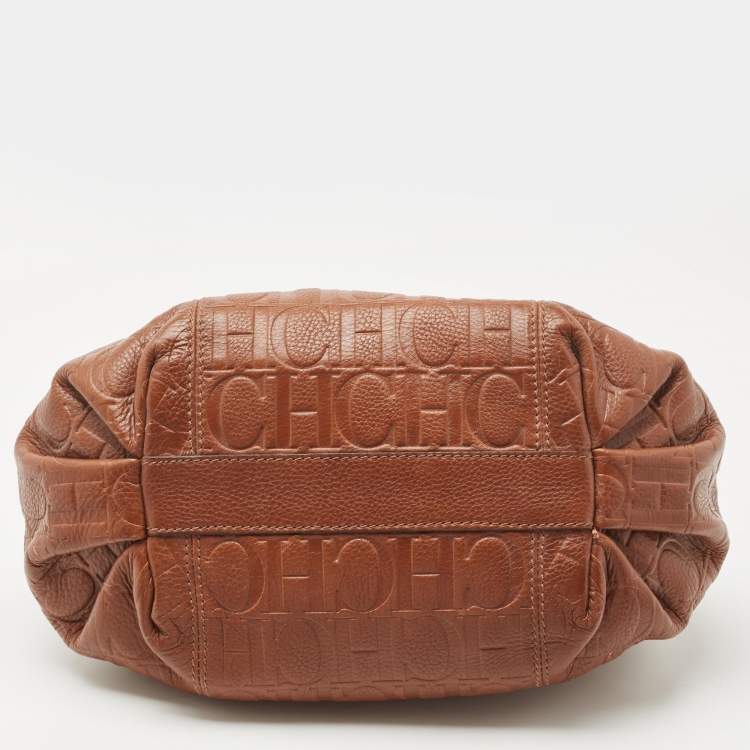 Pre Owned Carolina Herrera Brown Signature Embossed Leather Chain Hobo