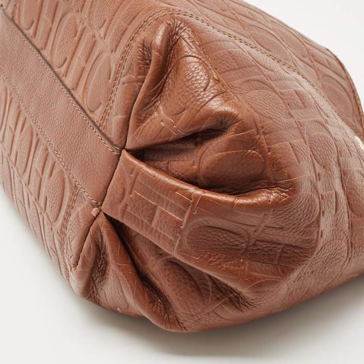 Pre Owned Carolina Herrera Brown Signature Embossed Leather Chain Hobo