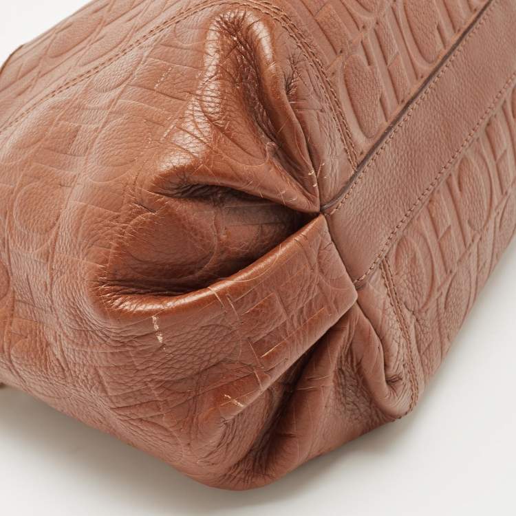 Pre Owned Carolina Herrera Brown Signature Embossed Leather Chain Hobo