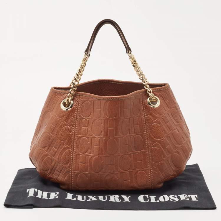 Pre Owned Carolina Herrera Brown Signature Embossed Leather Chain Hobo