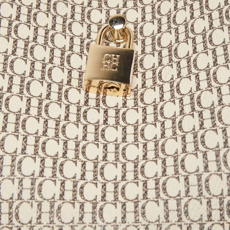 Pre Owned Carolina Herrera Pink/Beige Monogram Coated Canvas and Leather Matryoshka Padlock Tote