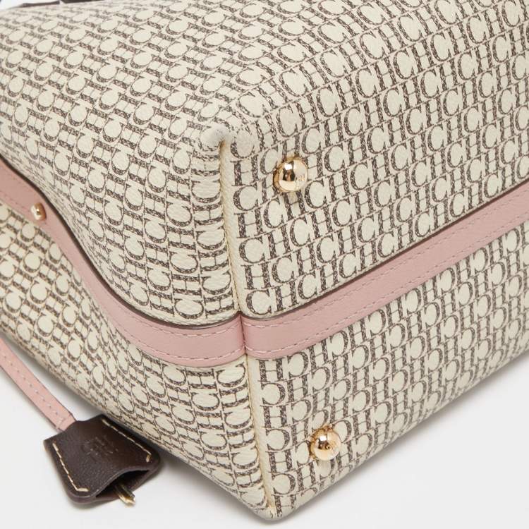 Pre Owned Carolina Herrera Pink/Beige Monogram Coated Canvas and Leather Matryoshka Padlock Tote