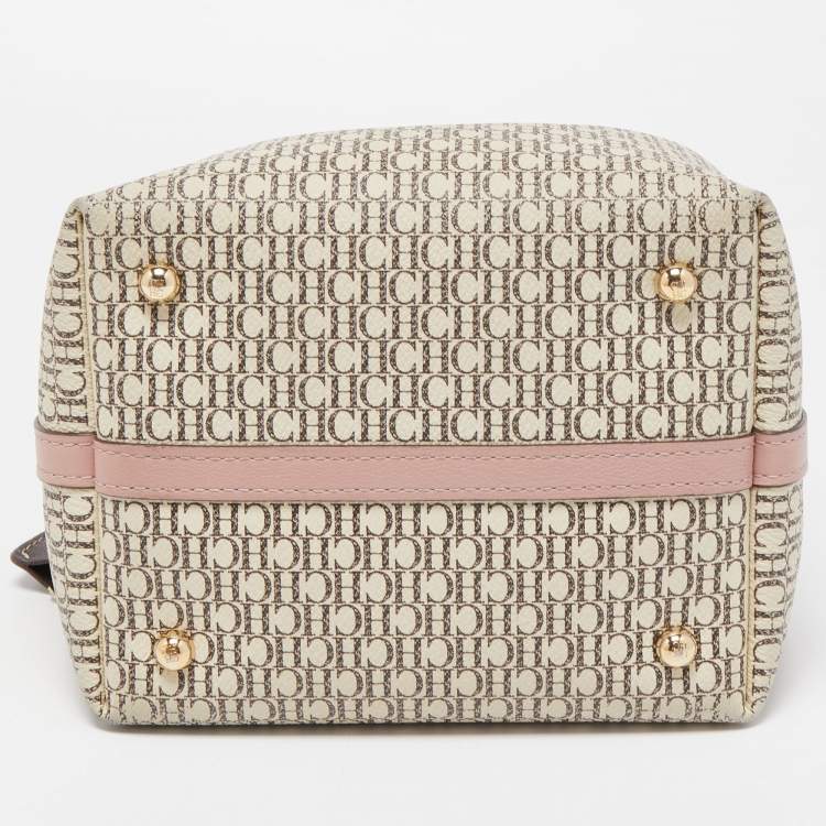 Pre Owned Carolina Herrera Pink/Beige Monogram Coated Canvas and Leather Matryoshka Padlock Tote