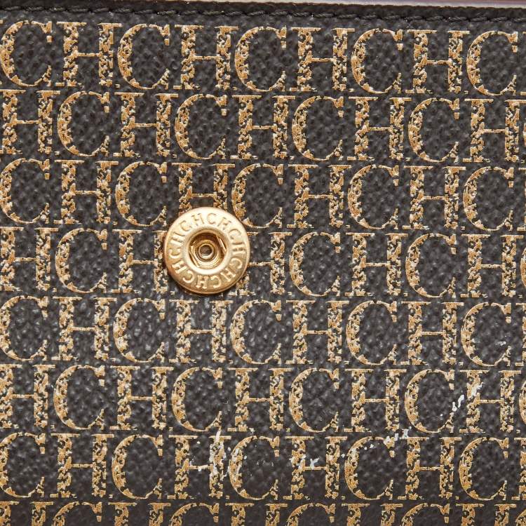 Pre Owned Carolina Herrera Burgundy/Beige Monogram Coated Canvas and Leather Flap Wallet on Chain