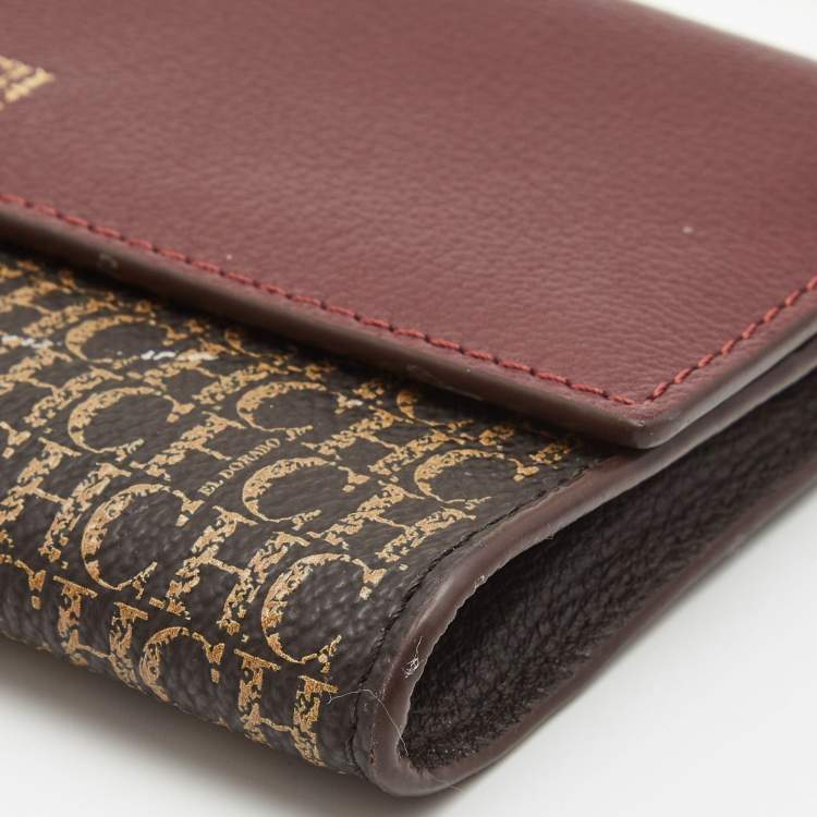 Pre Owned Carolina Herrera Burgundy/Beige Monogram Coated Canvas and Leather Flap Wallet on Chain