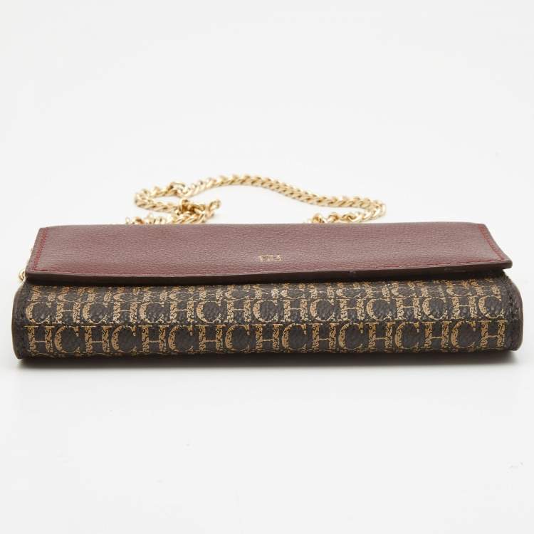 Pre Owned Carolina Herrera Burgundy/Beige Monogram Coated Canvas and Leather Flap Wallet on Chain