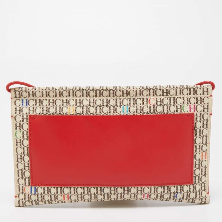 Pre Owned Carolina Herrera Red/Beige Monogram Coated Canvas and Leather Traveler Shoulder Bag