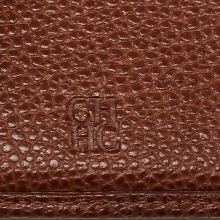 Pre Owned Carolina Herrera Brown/White Monogram Print Coated Canvas and Leather Flap Continental Wallet