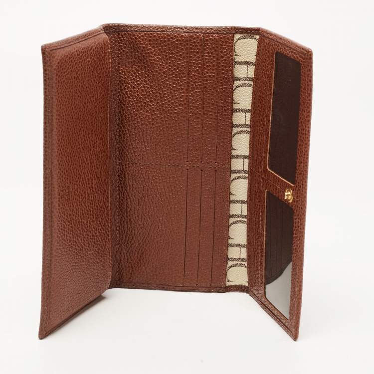 Pre Owned Carolina Herrera Brown/White Monogram Print Coated Canvas and Leather Flap Continental Wallet