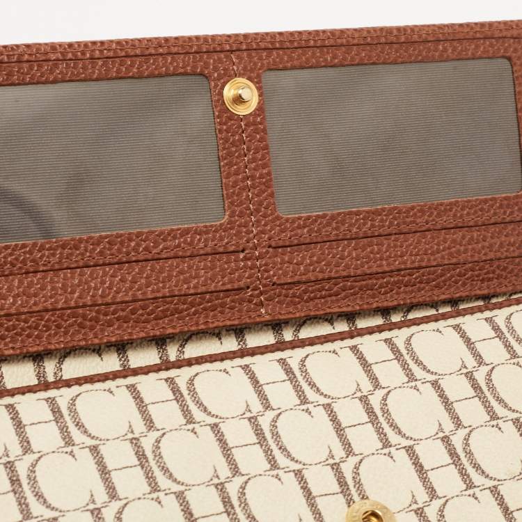 Pre Owned Carolina Herrera Brown/White Monogram Print Coated Canvas and Leather Flap Continental Wallet