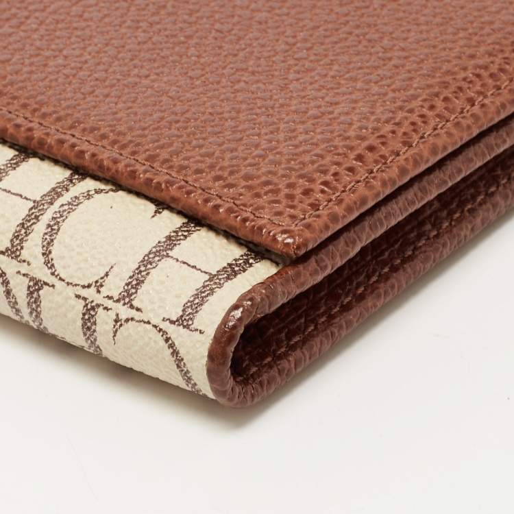 Pre Owned Carolina Herrera Brown/White Monogram Print Coated Canvas and Leather Flap Continental Wallet