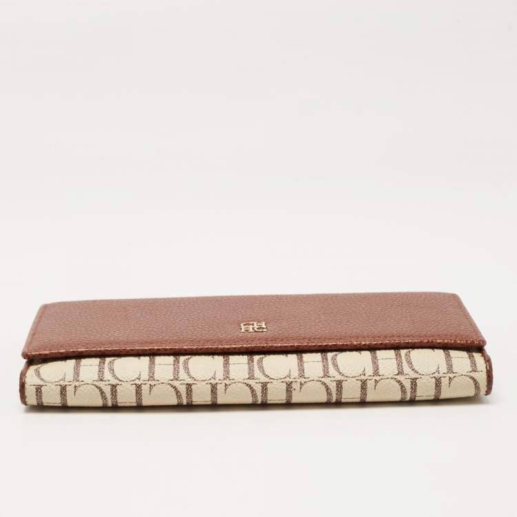 Pre Owned Carolina Herrera Brown/White Monogram Print Coated Canvas and Leather Flap Continental Wallet