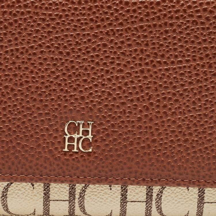 Pre Owned Carolina Herrera Brown/White Monogram Print Coated Canvas and Leather Flap Continental Wallet