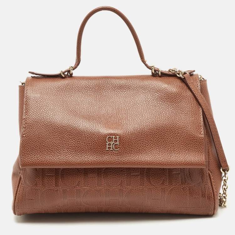 Pre Owned Carolina Herrera Brown Leather Minuetto Flap Top Handle Bag