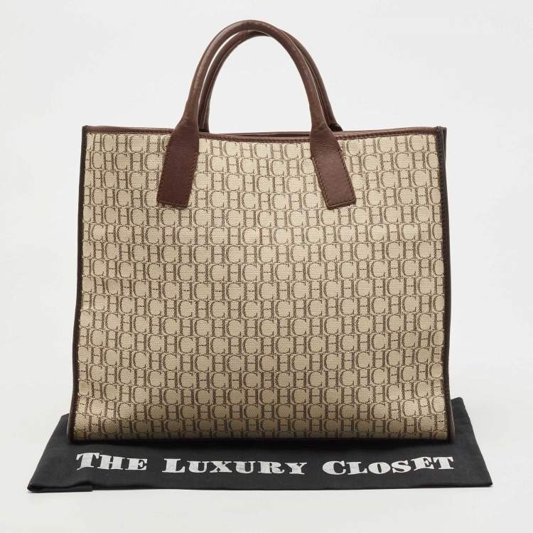 Pre Owned Carolina Herrera Beige/Brown Monogram Canvas and Suede Tote