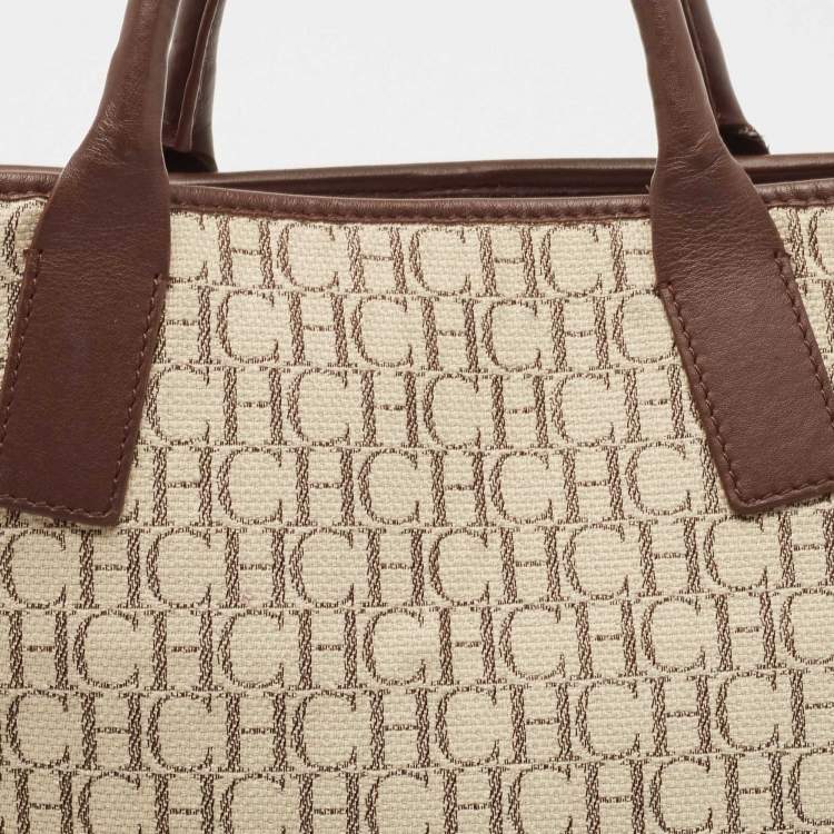 Pre Owned Carolina Herrera Beige/Brown Monogram Canvas and Suede Tote