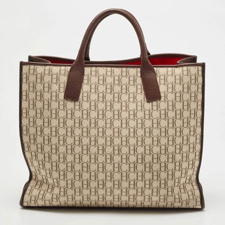 Pre Owned Carolina Herrera Beige/Brown Monogram Canvas and Suede Tote