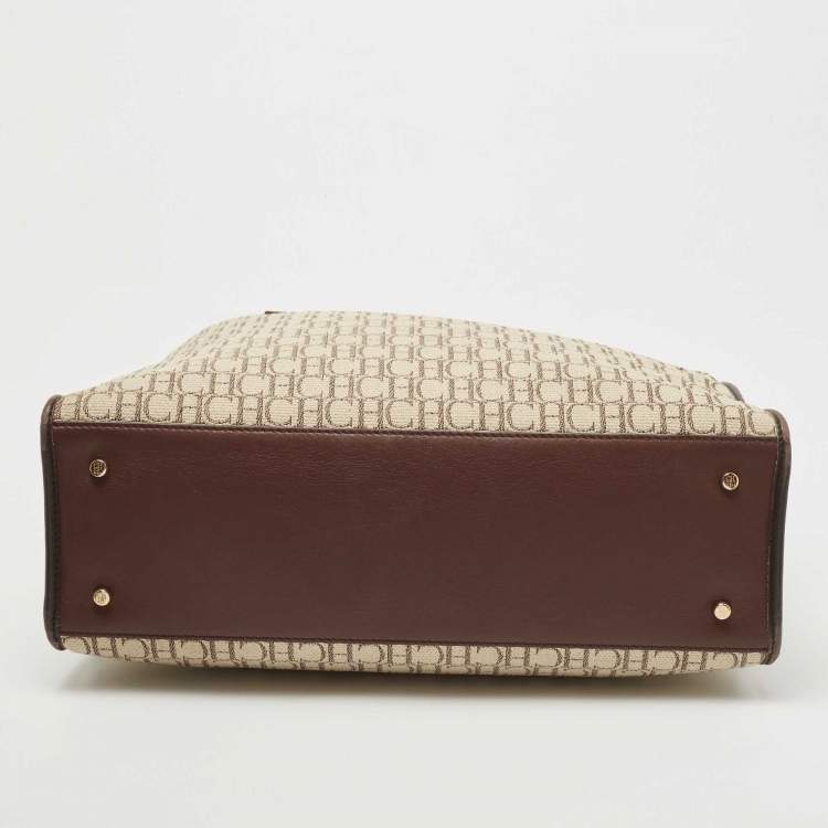 Pre Owned Carolina Herrera Beige/Brown Monogram Canvas and Suede Tote