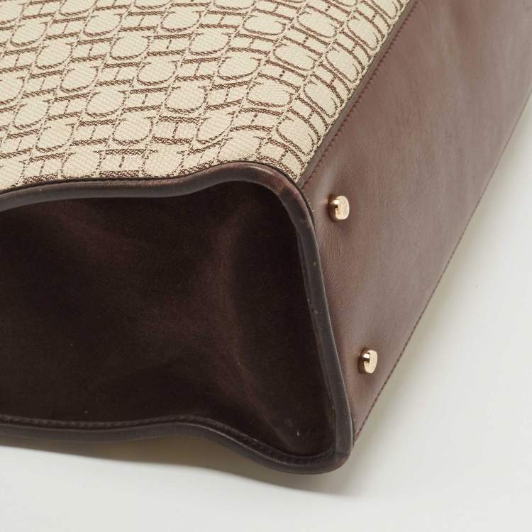 Pre Owned Carolina Herrera Beige/Brown Monogram Canvas and Suede Tote