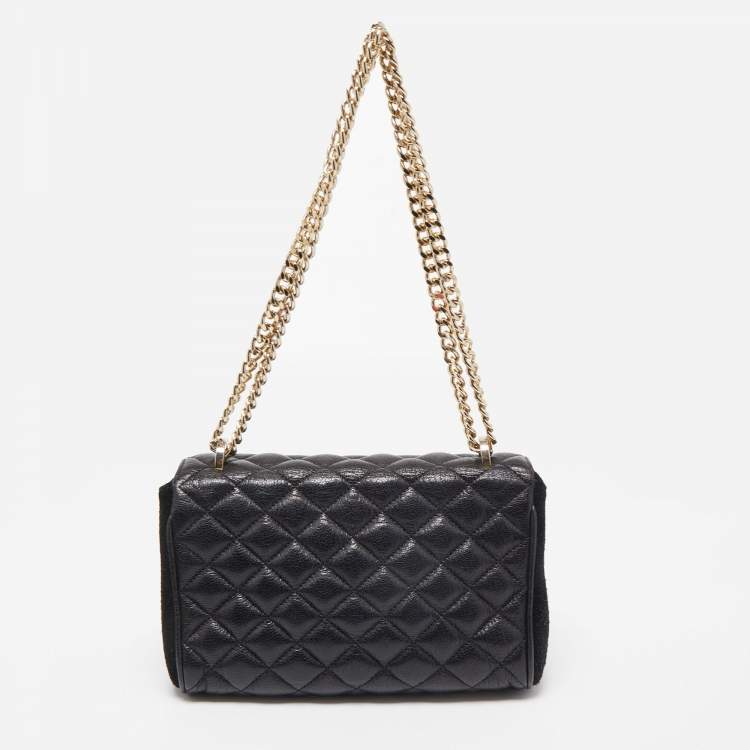 Pre Owned Carolina Herrera Black Quilted Leather And Suede Flap Chain Shoulder Bag