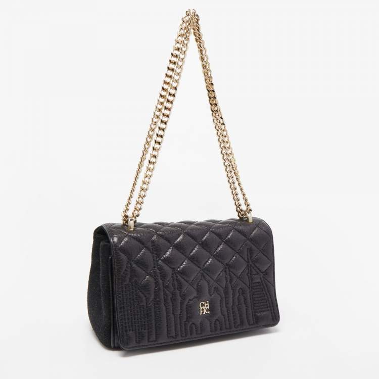 Pre Owned Carolina Herrera Black Quilted Leather And Suede Flap Chain Shoulder Bag