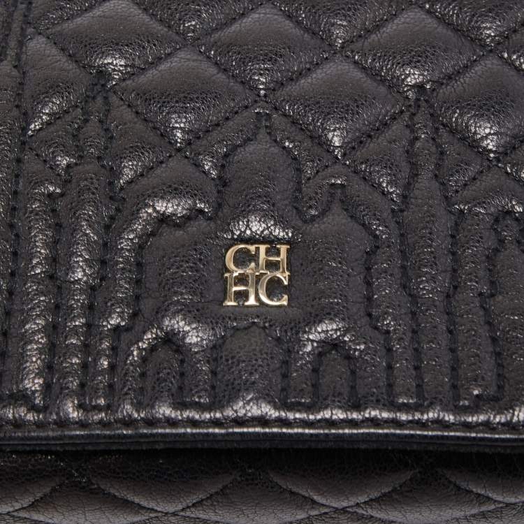 Pre Owned Carolina Herrera Black Quilted Leather And Suede Flap Chain Shoulder Bag