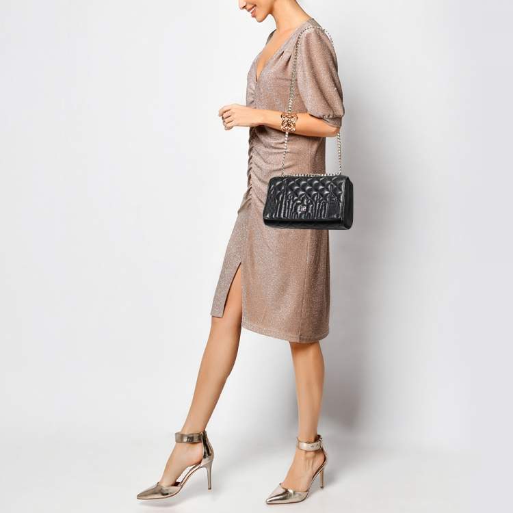 Pre Owned Carolina Herrera Black Quilted Leather And Suede Flap Chain Shoulder Bag