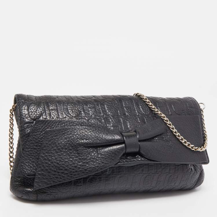 Pre Owned Carolina Herrera Black Monogram Embossed Leather Bow Chain Clutch